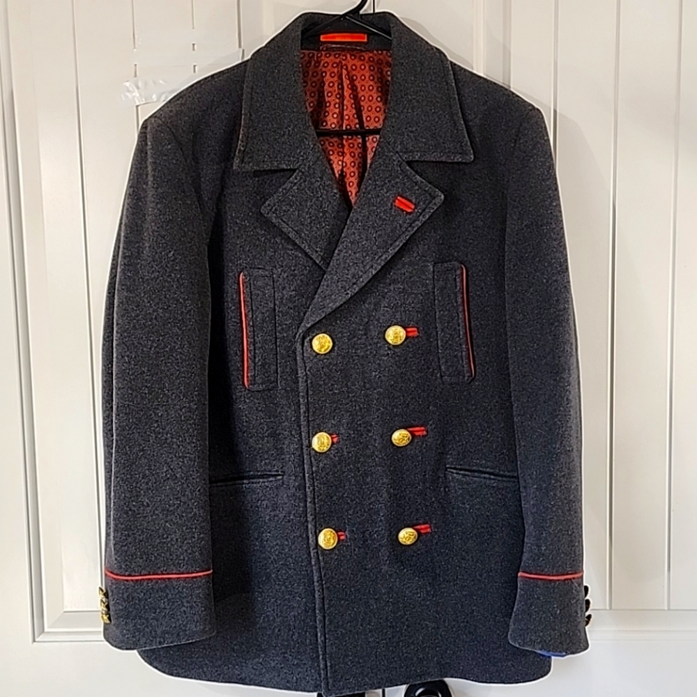 Tallia Men's Gray Wool Peacoat Gold Buttons Orange Trim Sz M Very Unique Classy